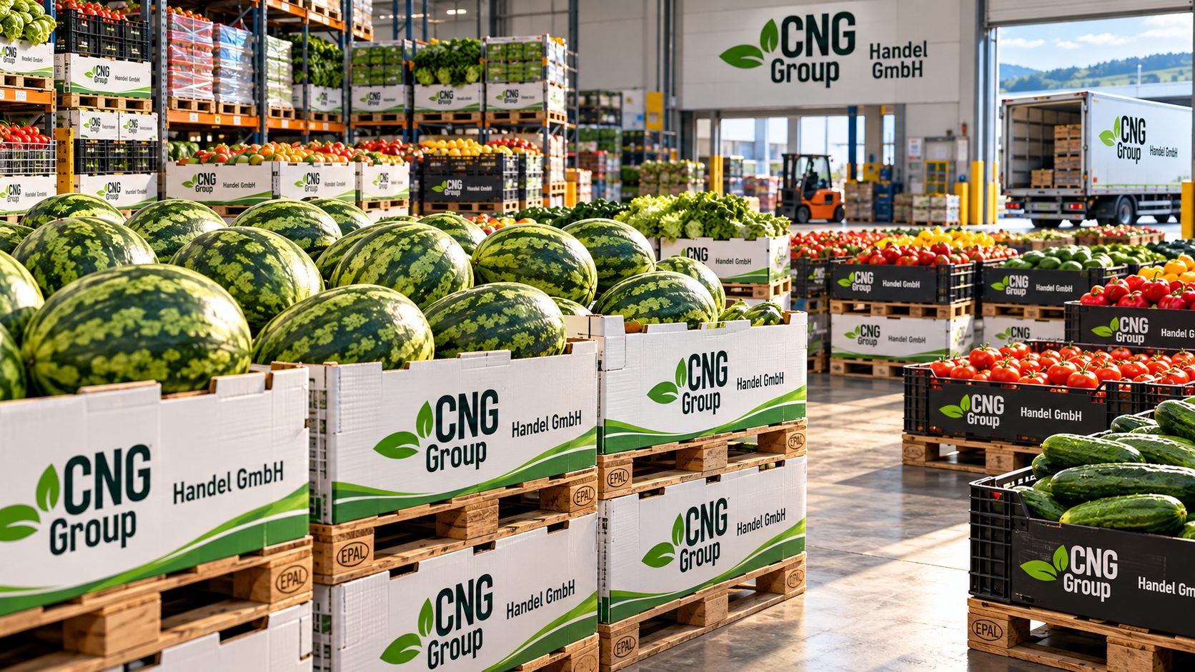 Lager der CNG Handel GmbH mit Wassermelonen, Tomaten und Gurken auf Paletten