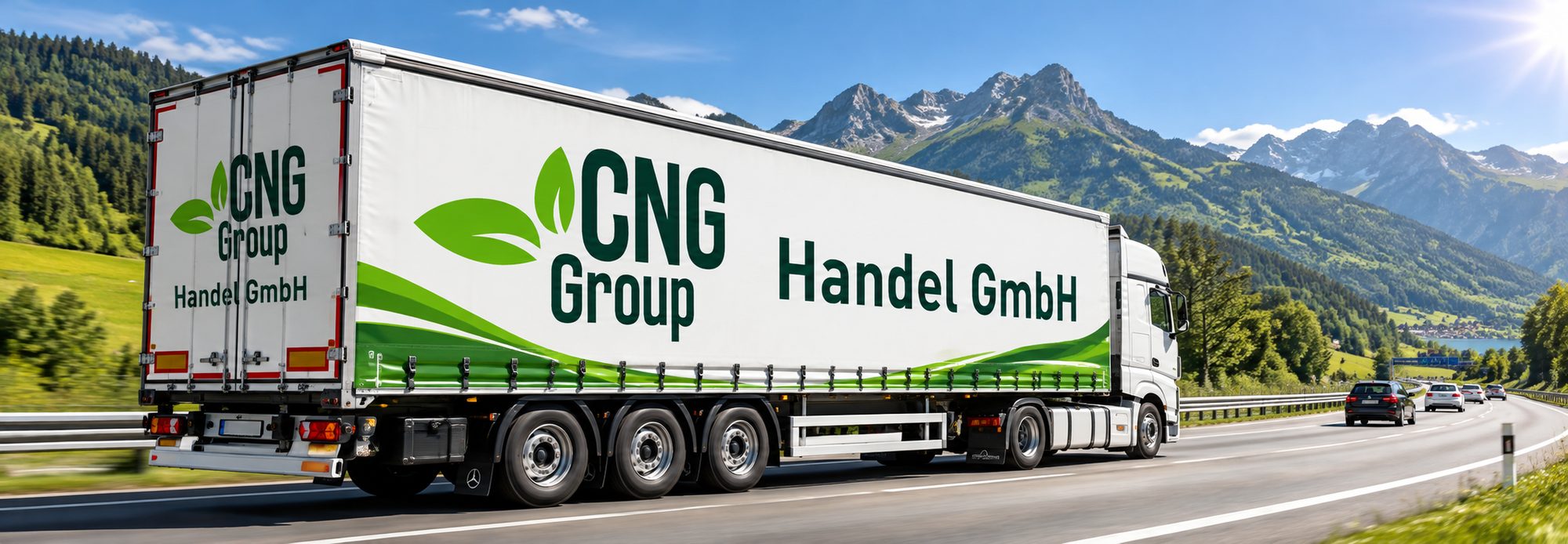 LKW mit CNG Group Handel GmbH Planenaufbau auf der Autobahn