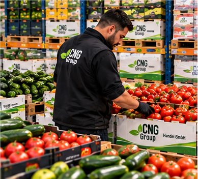 Mitarbeiter prüft Tomaten und Gurken in CNG-Kisten